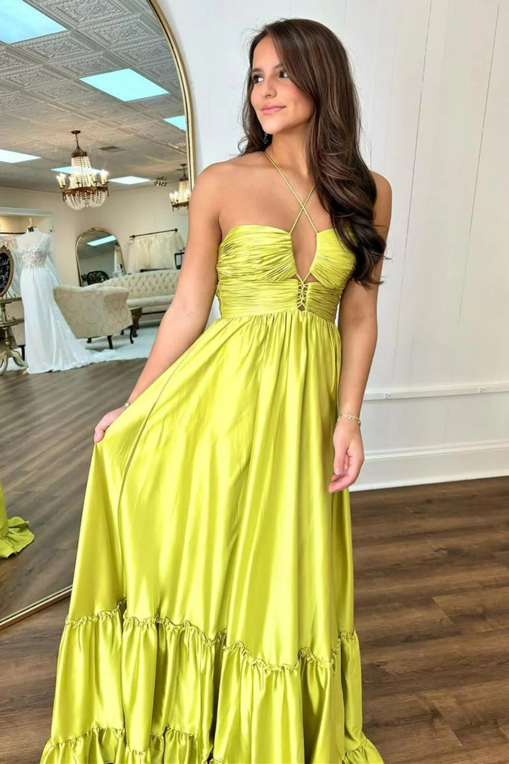 Chic Yellow A-Line Spaghetti Straps Lace Up Long Satin Prom Dress